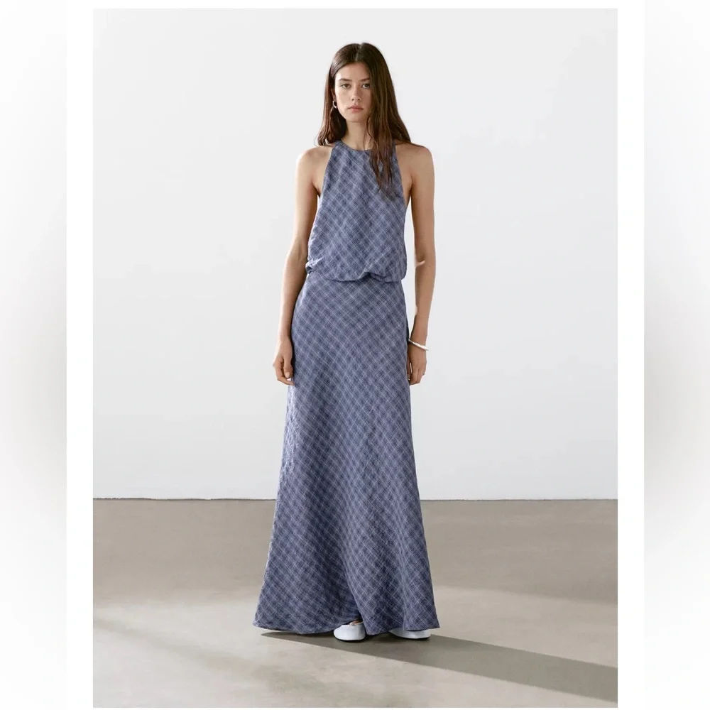 NEW Massimo Dutti Long Checkered Dress with Back Detail - Picture 8 of 12